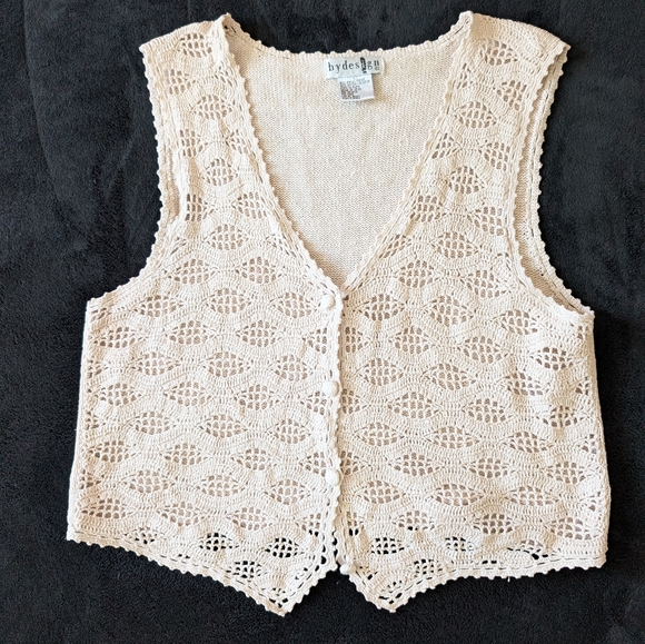 Vintage Cream Crochet Button-Up Vest Fairy Grandma Cottage Boho Indie Sz L - Picture 2 of 11